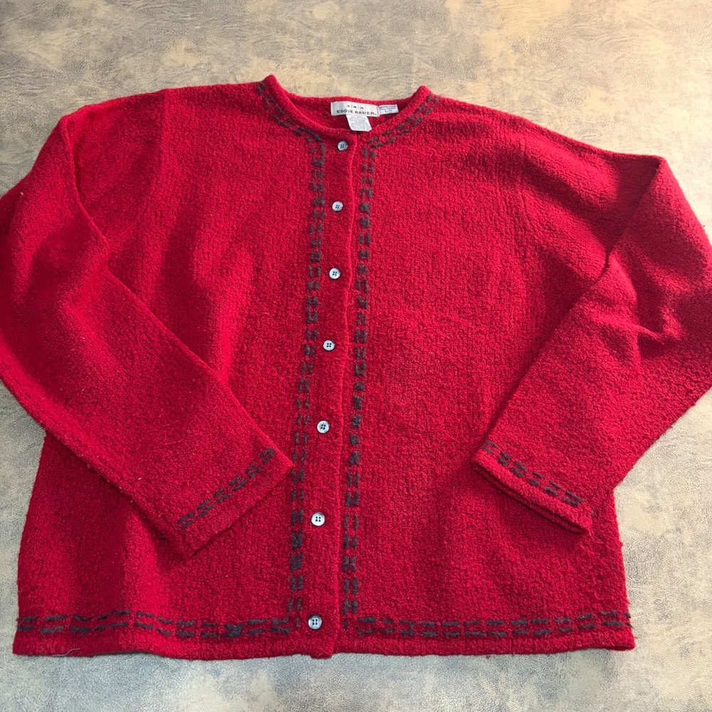Eddie Bauer AKA Cardigan Sweater Womens L Tall Red Wool‎ Blend Embroidered VTG